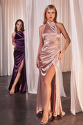NWT FORMAL SLEEVELESS SHEATH SOLID SATIN DRESS W/ HALTER NECK & HIGH LEG SLIT CDCH031